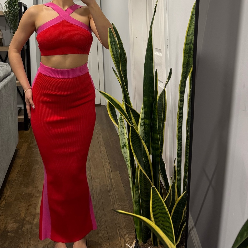 JLUXLABEL Red and Pink Skirt Set